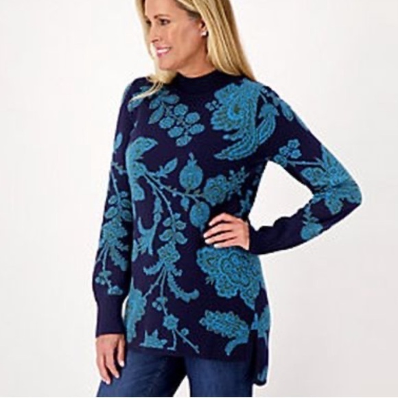 Isaac Mizrahi Live! Jacquard Mock Neck Pullover Sweater NWOT blue size 1X - Picture 1 of 10